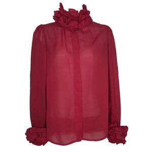 Vintage 80s Blouse Works Sheer Red Ruffled High Neck Secretary Blouse